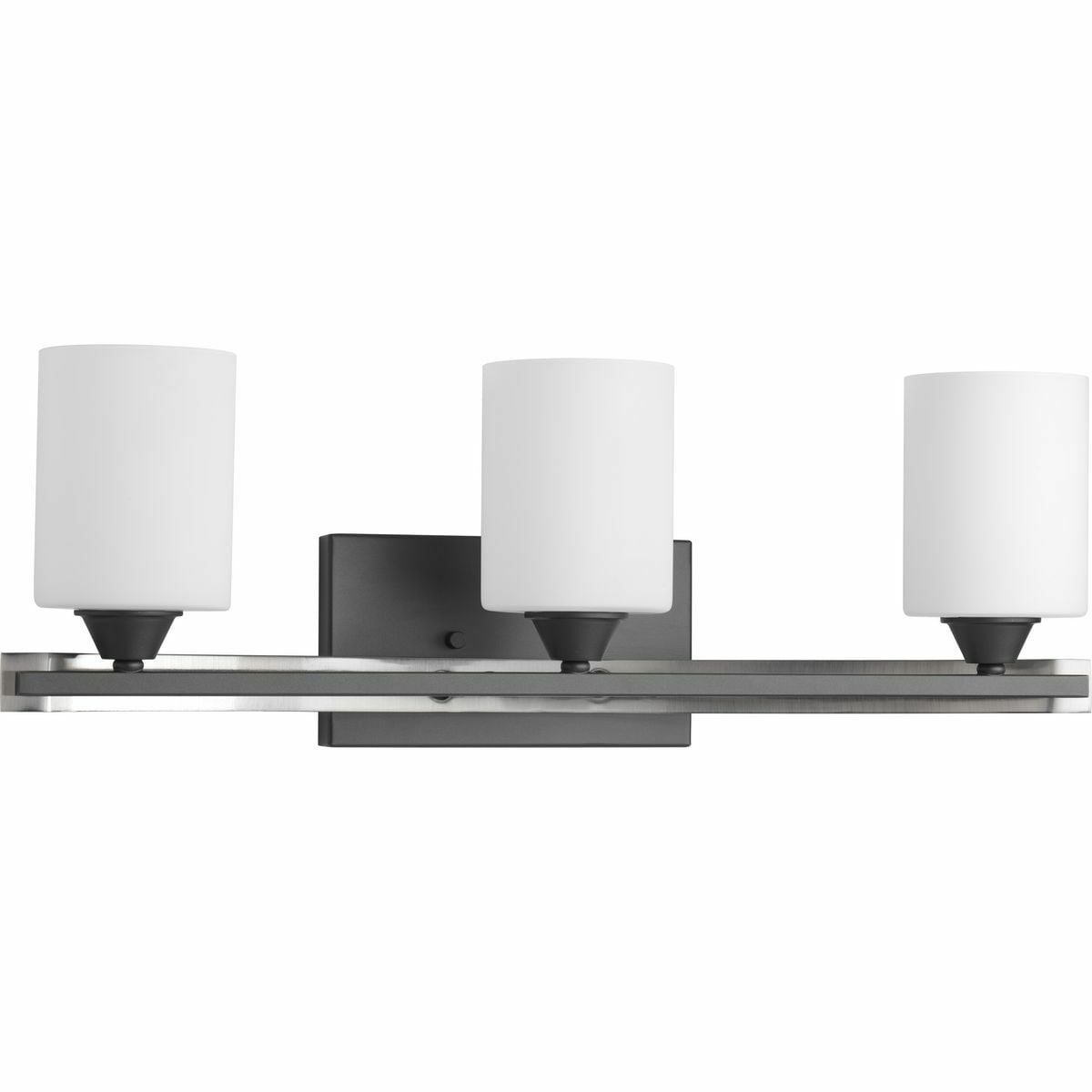 Dart is a display of modern architectural design styling. Etched white glass shades balance on a striking arched frame. The three-light bath and vanity's subtle detailing is enhanced by a Graphite finish with brushed nickel accents.