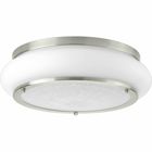 One-light 15 inch LED flush mount features architectural details for a variety of home styles. A combination of glass textures work together to create an interesting effect for today?s interiors. Metallic finishes complement the opal/linen double glass. Brushed Nickel finish.