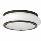 One-light 15 inch LED flush mount features architectural details for a variety of home styles. A combination of glass textures work together to create an interesting effect for today?s interiors. Metallic finishes complement the opal/linen double glass. Antique Bronze finish.