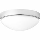 Achieve a mid-century modern look with Elevate's on trend finishes. An etched white glass shade is highlighted with metallic accents. Increase ambient illumination in Transitional and Modern interiors with Elevate LED flush mount. Polished Chrome finish.