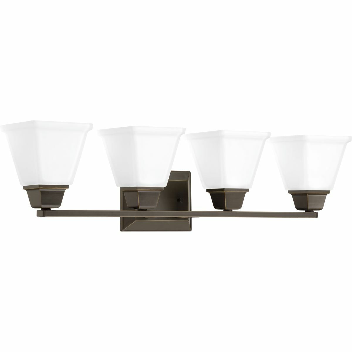 Distinctive chiseled features and clean lines are key features within the Clifton Heights collection. Inspired by an updated interpretation of Craftsman styling, careful attention to the details delivers a dramatic accent. An Antique Bronze finish complements elegant etched square glass shades. The Clifton Heights collection enhances a variety of home styles including Farmhouse, Craftsman and Transitional decor. Four-Light bath & vanity fixture.