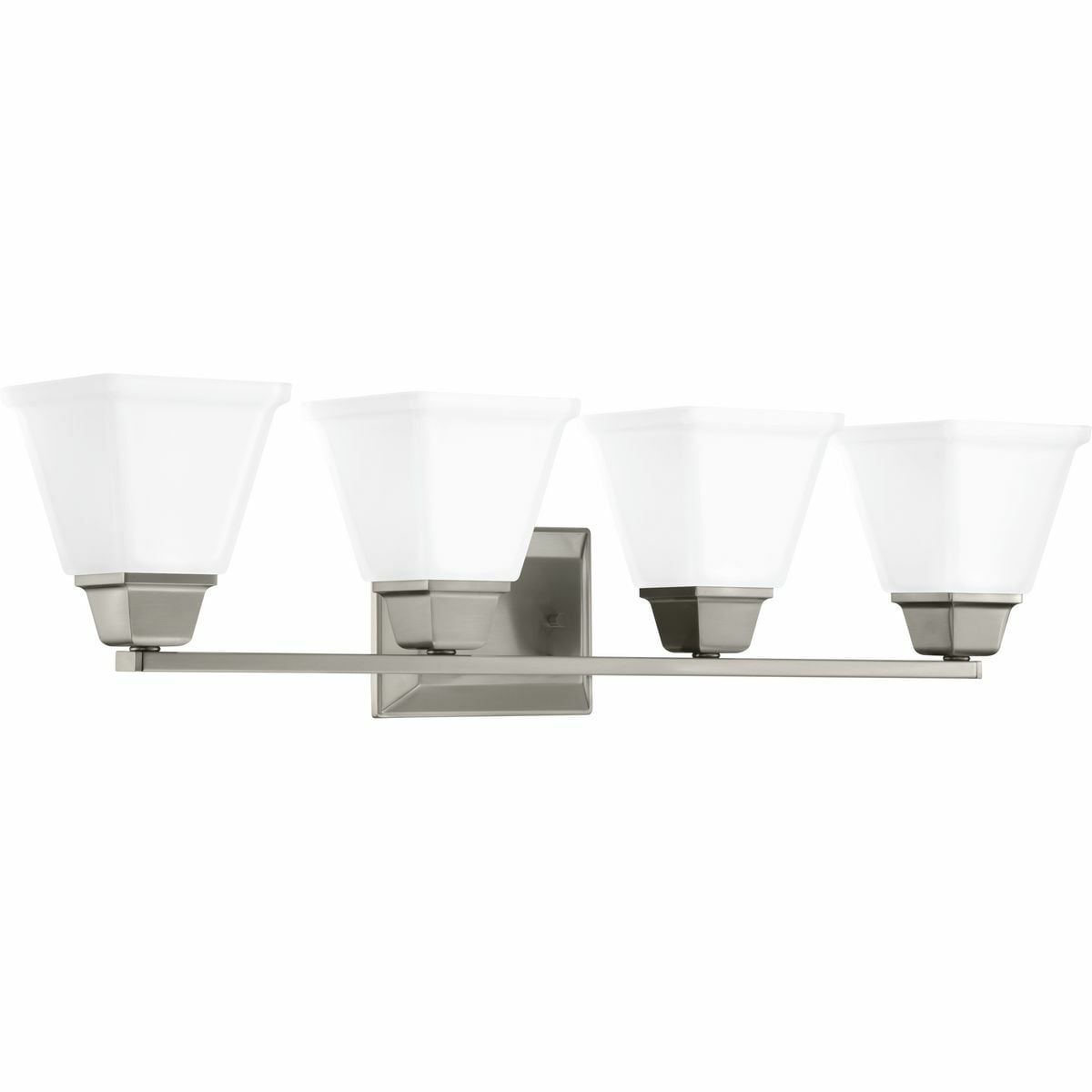 Distinctive chiseled features and clean lines are key features within the Clifton Heights collection. Inspired by an updated interpretation of Craftsman styling, careful attention to the details delivers a dramatic accent. A Brushed Nickel finish complements elegant etched square glass shades. The Clifton Heights collection enhances a variety of home styles including Farmhouse, Craftsman and Transitional decor. Four-Light bath & vanity fixture.
