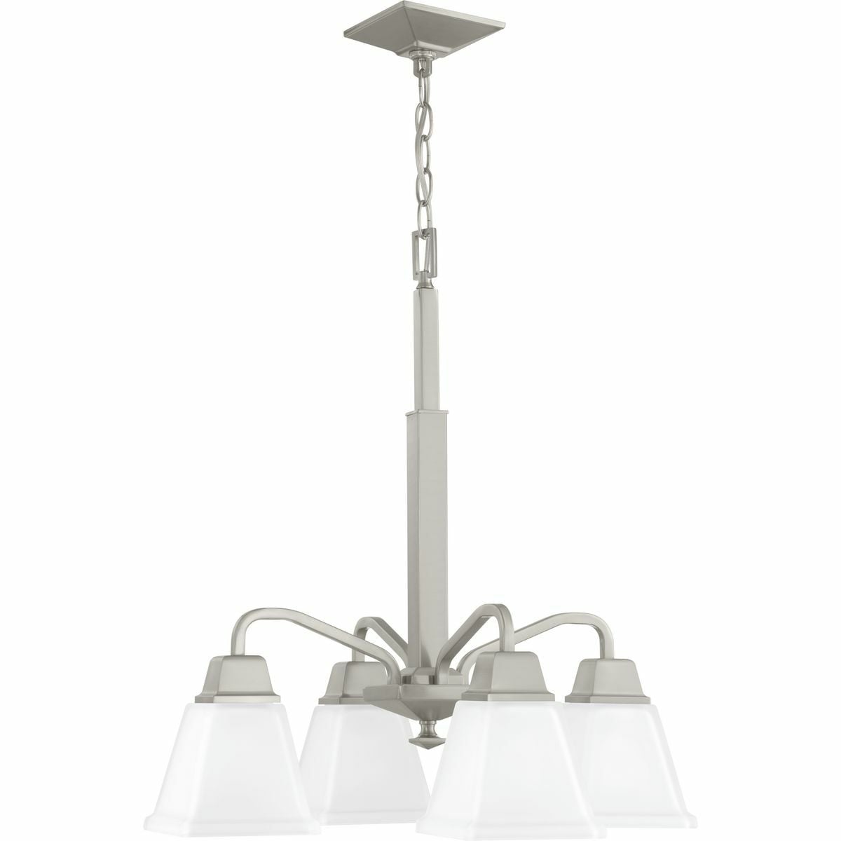 Distinctive chiseled features and clean lines are key features within the Clifton Heights collection. Inspired by an updated interpretation of Craftsman styling, careful attention to the details delivers a dramatic accent. A Brushed Nickel finish complements elegant etched square glass shades. The Clifton Heights collection enhances a variety of home styles including Farmhouse, Craftsman and Transitional decor. Four-Light Chandelier.
