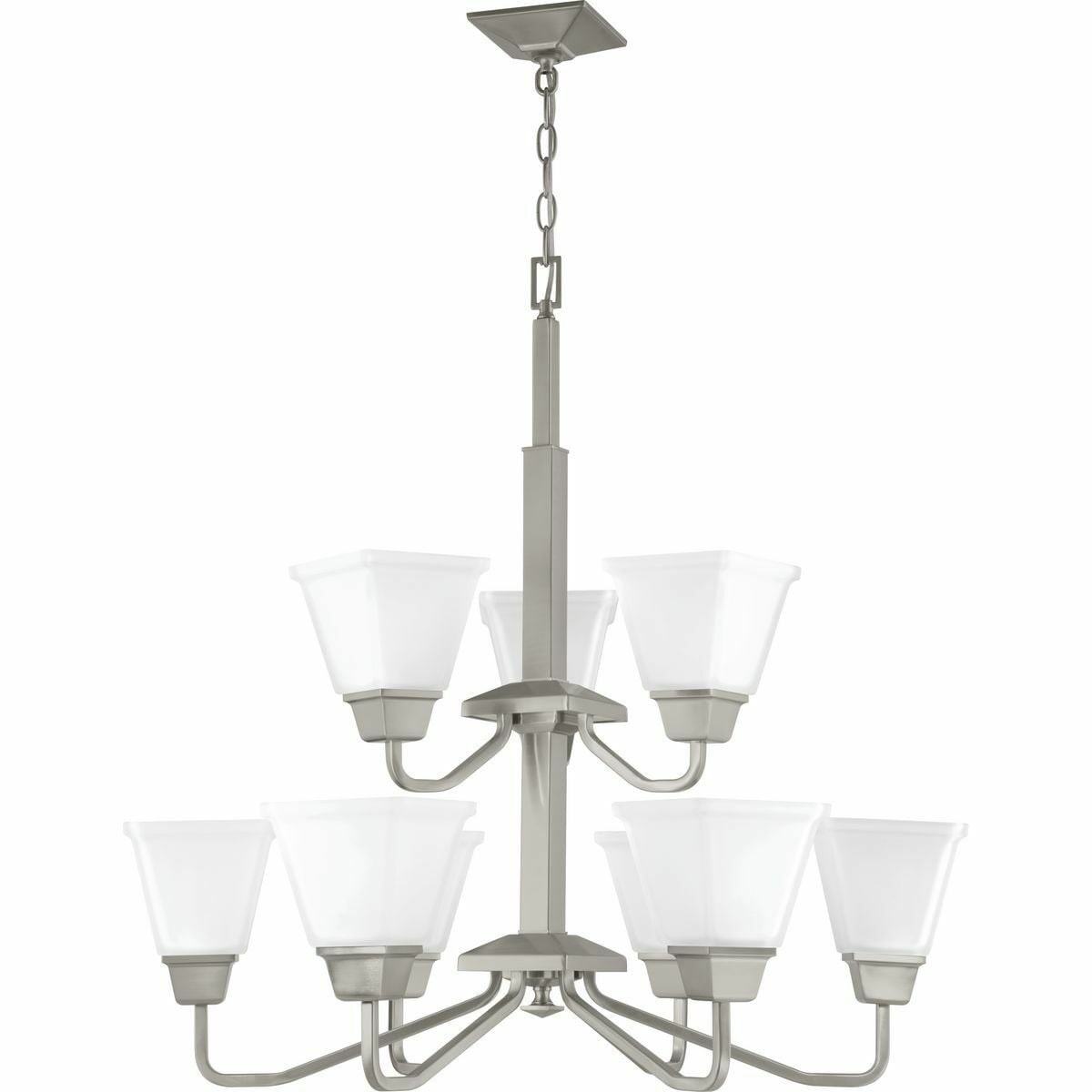 Distinctive chiseled features and clean lines are key features within the Clifton Heights collection. Inspired by an updated interpretation of Craftsman styling, careful attention to the details delivers a dramatic accent. A Brushed Nickel finish complements elegant etched square glass shades. The Clifton Heights collection enhances a variety of home styles including Farmhouse, Craftsman and Transitional decor. Nine-Light Chandelier.