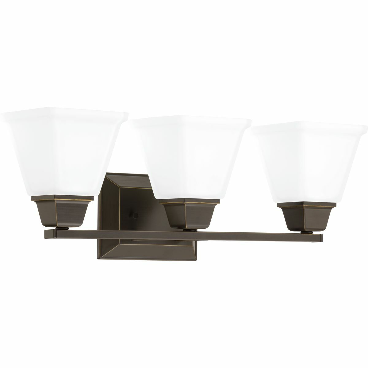 Distinctive chiseled features and clean lines are key features within the Clifton Heights collection. Inspired by an updated interpretation of Craftsman styling, careful attention to the details delivers a dramatic accent. An Antique Bronze finish complements elegant etched square glass shades. The Clifton Heights collection enhances a variety of home styles including Farmhouse, Craftsman and Transitional decor. Three-Light bath & vanity fixture.