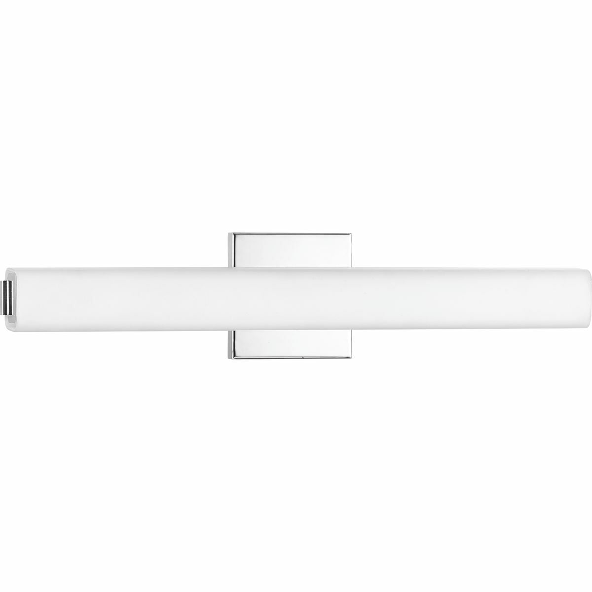 Beam LED Bath and vanity features a squared, tubular opal glass diffuser paired with a simple, modern metal canopy. An integrated LED source provides a variety of energy and cost savings benefits. Suitable for residential and commercial applications, This fixture can be installed horizontally or vertically. 22 in Linear LED Bath. Polished Chrome finish.