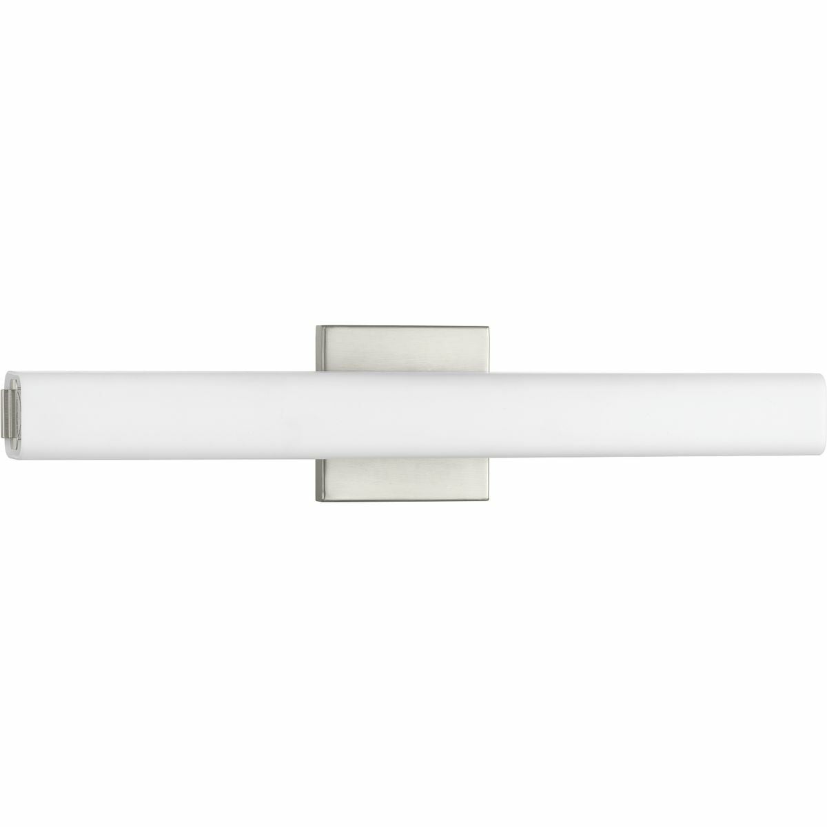 Beam LED Bath and vanity features a squared, tubular opal glass diffuser paired with a simple, modern metal canopy. An integrated LED source provides a variety of energy and cost savings benefits. Suitable for residential and commercial applications, This fixture can be installed horizontally or vertically. 22 in Linear LED Bath. Brushed Nickel finish.