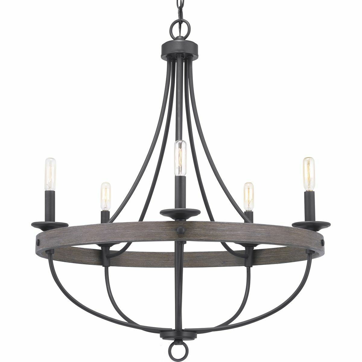 The five-light chandelier in the Gulliver Collection features arching and delicate details that curve to create an airy design. Dual toned frame color combinations in a Graphite finish with weathered oak accents The hand painted wood grained texture complements Rustic and Modern Farmhouse home decor, as well as Urban Industrial and Coastal interior settings.