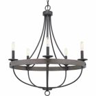 The five-light chandelier in the Gulliver Collection features arching and delicate details that curve to create an airy design. Dual toned frame color combinations in a Graphite finish with weathered oak accents The hand painted wood grained texture complements Rustic and Modern Farmhouse home decor, as well as Urban Industrial and Coastal interior settings.