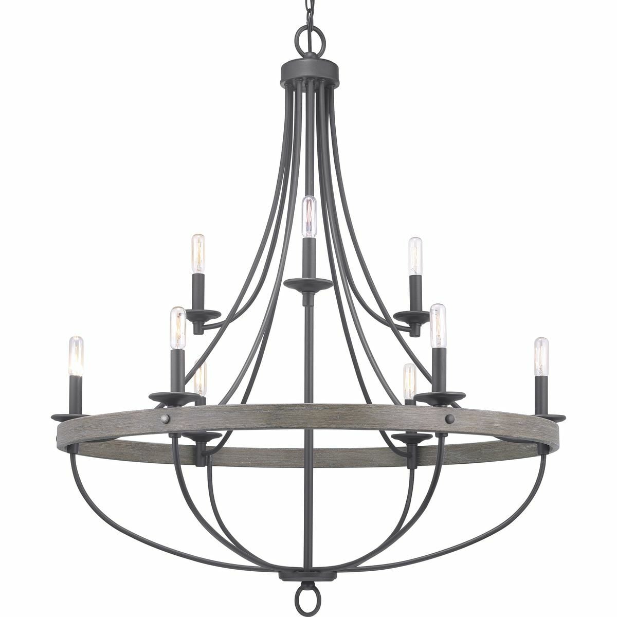 The nine-light chandelier in the Gulliver Collection features arching and delicate details that curve to create an airy design. Dual toned frame color combinations in a Graphite finish with weathered oak accents The hand painted wood grained texture complements Rustic and Modern Farmhouse home decor, as well as Urban Industrial and Coastal interior settings.
