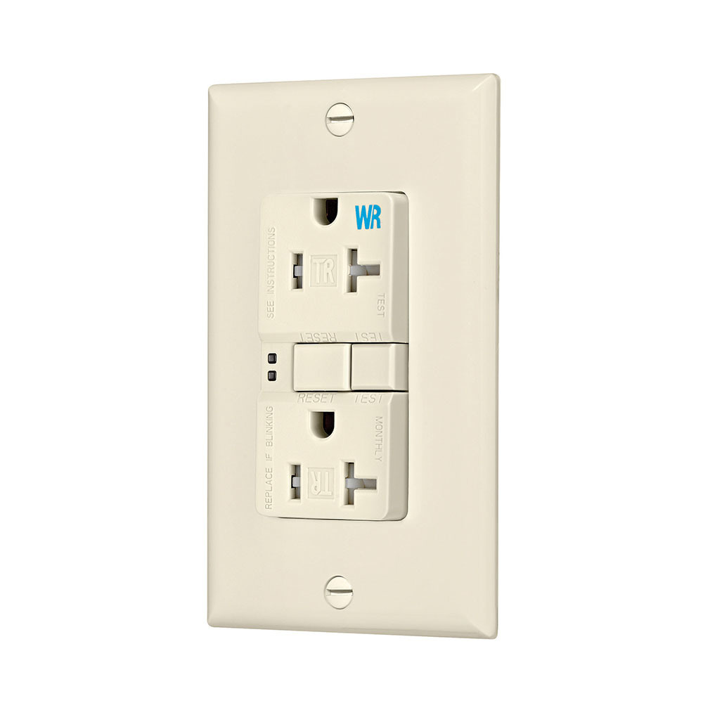Eaton GFCI receptacle,NAFTA compliant,Self-test,#14 - 10 AWG,20A,Residential,Commercial,Flush,125 V,Back and side wire,Light almond,Brass,Tamper and weather resistant,Polycarbonate,5-20R,Two-pole,Three-wire,grounding
