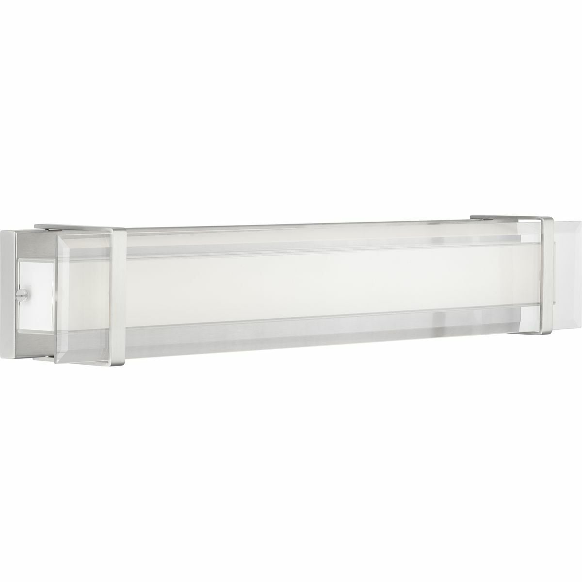 The Miter LED 34in linear bath bar highlights a beautiful layered effect to enhance a variety of interior areas. Each clear beveled glass panel is hand cut and positioned together, creating visual interest that extend to the corners. To complete the form, a back plate and linear accents frame the glass in a Brushed Nickel finish. Can be displayed horizontally or vertically. An integrated LED source provides a variety of energy and  cost savings benefits.