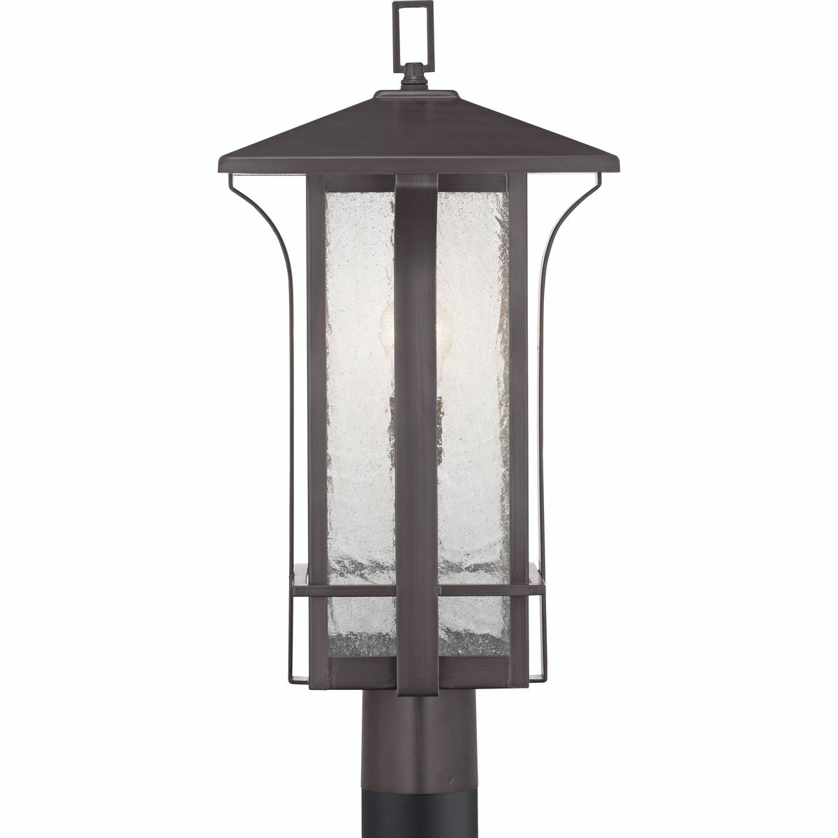 The Cullman Collection outdoor post lantern delivers dramatic scale with Craftsman appeal. Bold and linear details in an Antique Bronze finish highlight clear seeded glass. Ideal for spacious Modern architecture settings.