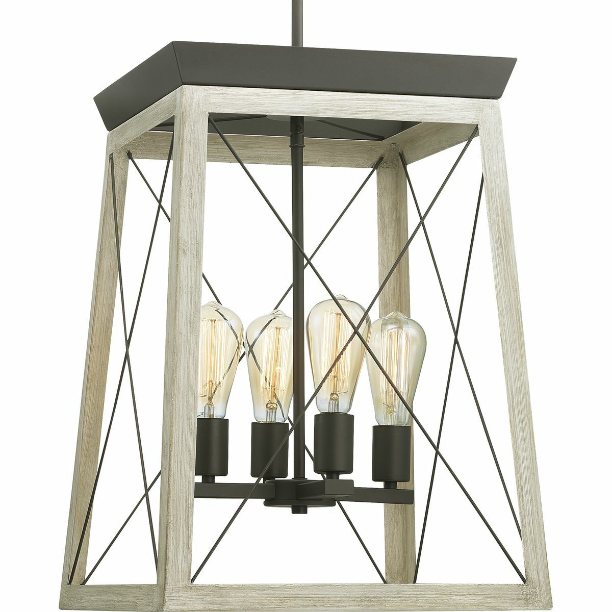 The Briarwood Collection features a classic pattern inspired by farmhouse or barn doors. The simple geometric form features a faux-painted wood enclosure to frame vintage-style light bulbs. The four-light foyer pendant is finished in a coastal-inspired whitewashed finish paired with Graphite details.