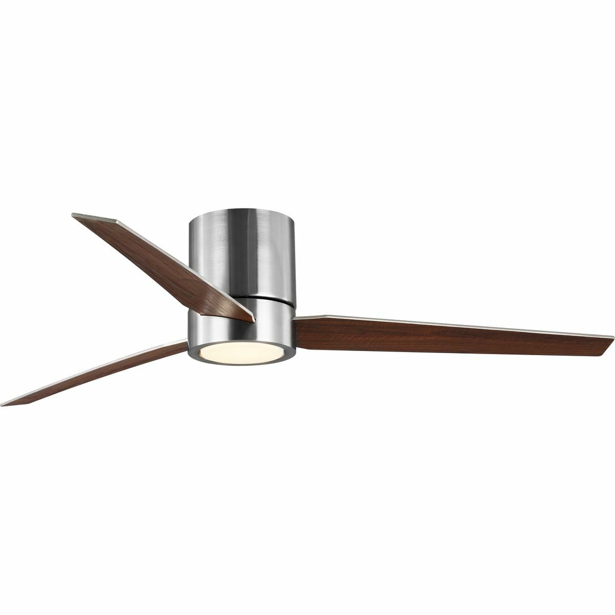 This Braden 56 inch, three-blade, hugger-style ceiling fan features clean lines and a design that complements modern interiors. A shatterproof white opal glass shade contains an integrated 18W LED module, offering both form and function with energy and cost-savings benefits. Featuring a larger motor, Braden moves more air than a traditional hugger ceiling fan. A full function remote with batteries is included. Brushed Nickel finish.