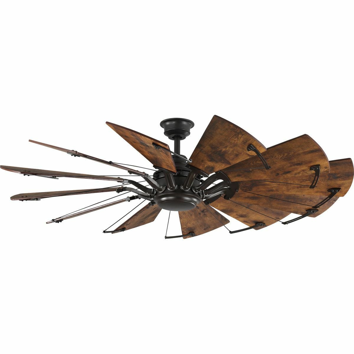 Springer is a statement-making ceiling fan with a rustic flair and a rich Architectural Bronze finish and Distressed Walnut blades. The 12-blade, 60 in ceiling fan was inspired by the form and function of a windmill and is ideal for Farmhouse, Industrial and Transitional interior settings. A full function remote control with batteries is included along with a dual mount canopy that accommodates flat or sloped ceilings.