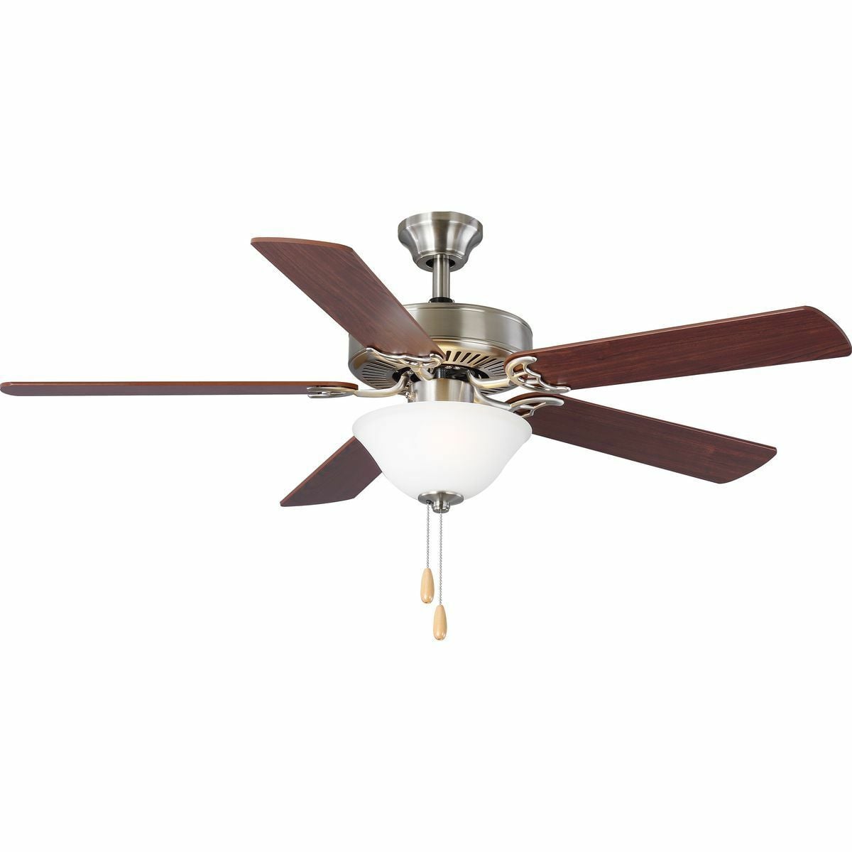 A 52 in two-light, five-blade fan with reversible blades and a beautifully crafted white etched glass bowl. Powerful AirPro motor features 3-speed control that can also be reversed to provide year-round comfort. Two medium-based LED lamps are included (non dimmable), offering energy efficiency and cost savings benefits for the home, while a dual mount canopy accommodates flat or sloped ceilings. Brushed Nickel finish.
