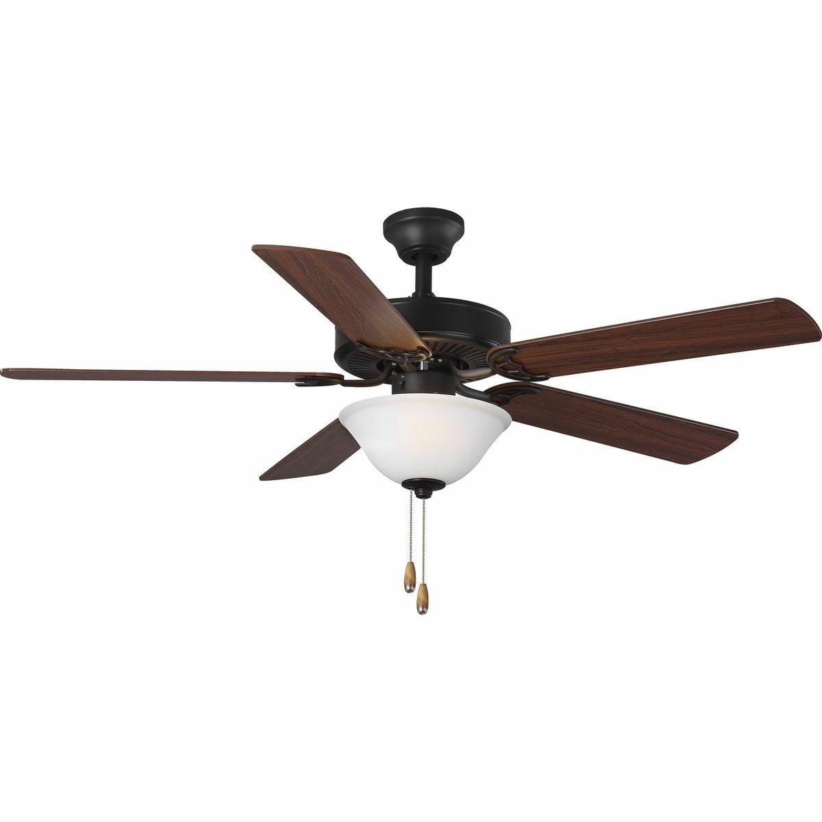 A 52 in two-light, five-blade fan with reversible blades and a beautifully crafted white etched glass bowl. Powerful AirPro motor features 3-speed control that can also be reversed to provide year-round comfort. Two medium-based LED lamps are included (non dimmable), offering energy efficiency and cost savings benefits for the home, while a dual mount canopy accommodates flat or sloped ceilings. Architectural Bronze finish.