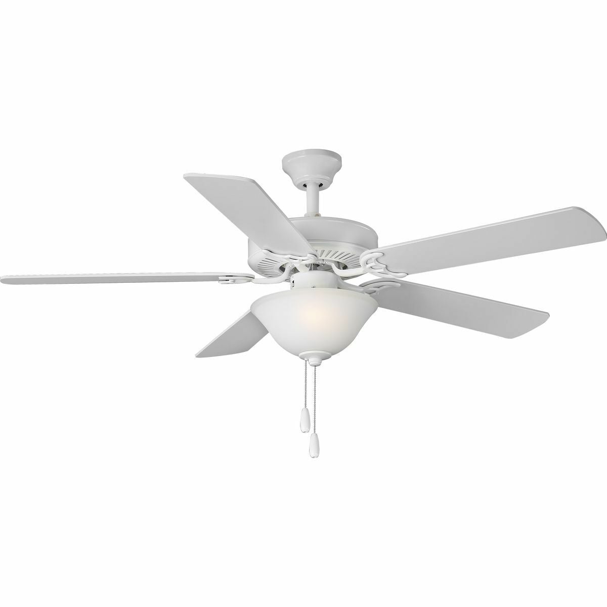 A 52 in two-light, five-blade fan with reversible blades and a beautifully crafted white etched glass bowl. Powerful AirPro motor features 3-speed control that can also be reversed to provide year-round comfort. Two medium-based LED lamps are included (non dimmable), offering energy efficiency and cost savings benefits for the home, while a dual mount canopy accommodates flat or sloped ceilings. White finish.