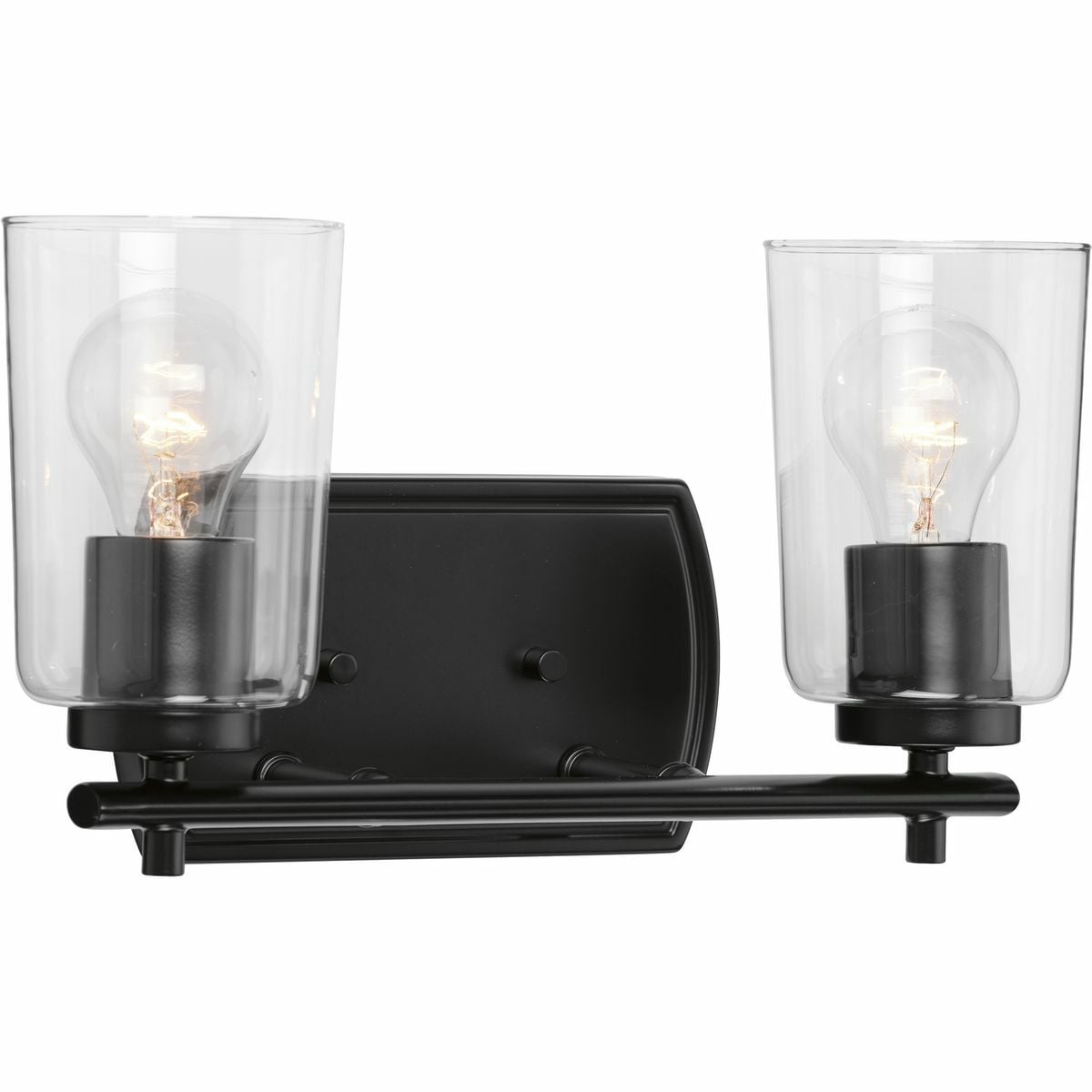 Foster an atmosphere of positive energy and renewal with the Adley two-light bath. A dynamic duo of clear glass shades are given their own distinct space by a statement-making Black bar attached to a curved backplate. The twins are ideal for illuminating a bathroom or vanity setting in traditional and transitional interiors.