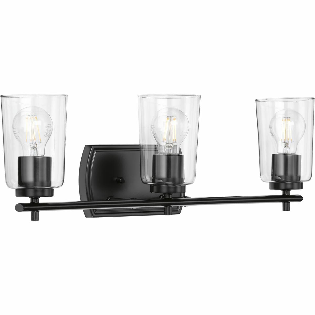 Reconnect with a long-lost inner peace and vitality with the soft glow of the Adley three-light bath. A trinity of modern, clear glass shades attach to a curved, Black backplate. The piece will find a home in any bathroom or vanity setting in traditional and transitional interiors.