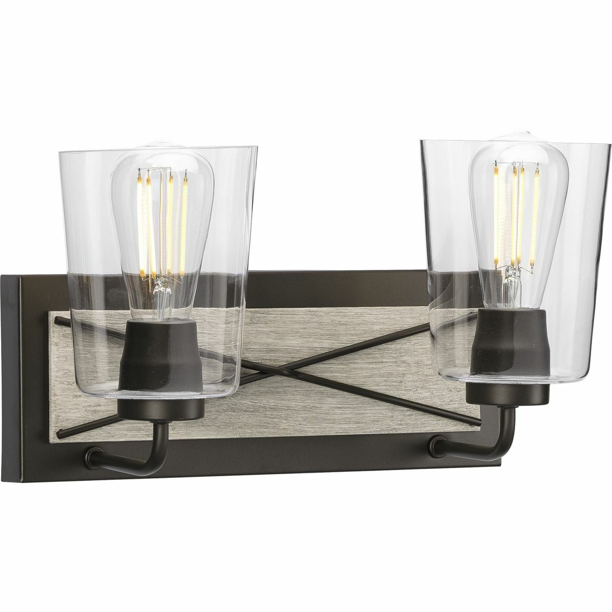 Instill rustic barndoor-inspiration in a hallway or above a bathroom mirror with the Briarwood two-light bath. Twin clear, glass shades are held in place by smooth curved arms. A rectangular, Graphite-finished backplate boasts a painted light, white-washed, faux wood decorative shape that serves as a perfect backdrop for the fixture?s signature X-brace design.