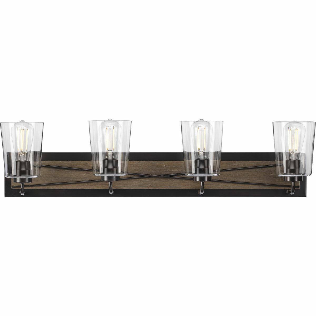The Briarwood?s trademark, barn-inspired, X-brace design makes its mark atop a faux wood, oak painted rectangle in this four-light bath. Four simple arms curve to hold clear, glass shades. An Antique Bronze backplate gives the fixture a final touch of rural farmhouse appeal, making it an optimal choice to hang above a bathroom mirror, in a hallway, or wherever focused light is desired in rustic and farmhouse settings.