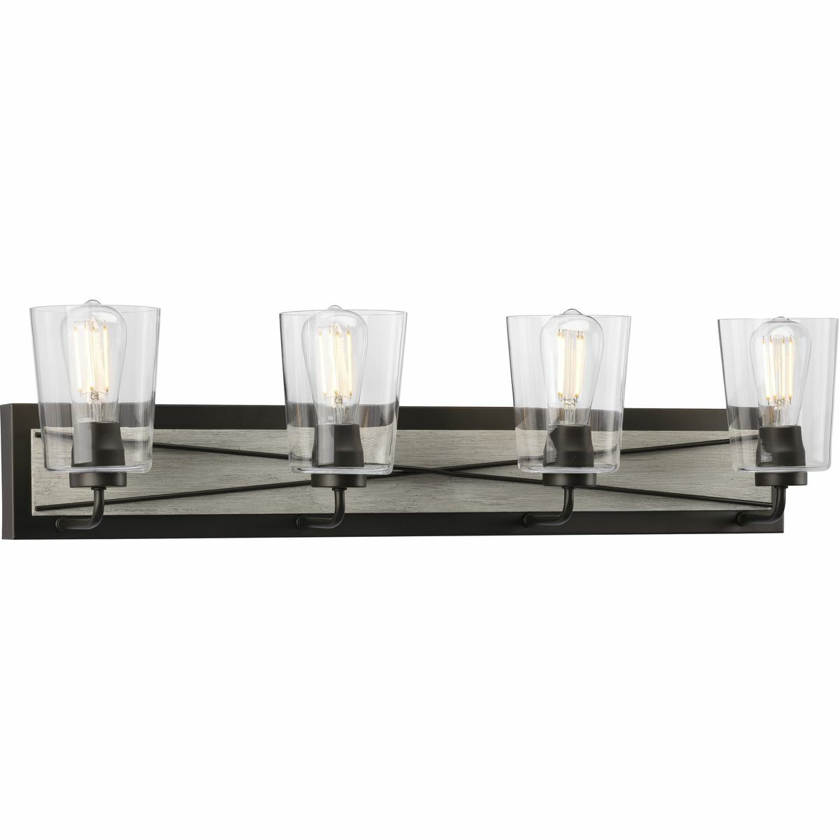 The homespun, X-brace design of the Briarwood four-light bath creates a rustic scene against a rectangular, faux wood and Graphite-finished backplate. A quartet of clear, glass shades are supported by curved, sleek arms. The rustic design makes the fixture an excellent choice for bathroom mirrors and hallways in Rustic and Farmhouse settings.