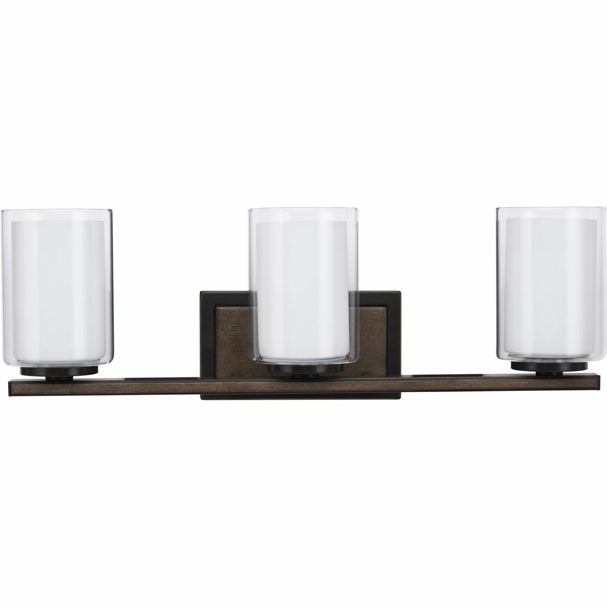 Add a clean, modern design expression to create a spa-like atmosphere in bath and vanity settings with the Mast three-light bath. A faux wood backplate and clean, simple bar, both accented by an Antique Bronze finish, present a trio of dual clear and etched glass shades that create a soothing, votive candleholder appearance in any coastal and modern farmhouse setting.