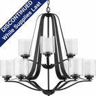 Add a modern romance to the heart of your home with this lovely chandelier. Quiet etched glass diffusers are surrounded by clear outer glass shades for a soft, luxurious touch. The shades sit on an elegant graphite frame with gently flowing arms.