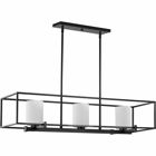 Stick with simple geometric forms and clean crisp lines with the modern Chadwick Collection's Three-Light Matte Black Island Chandelier. A beautiful etched opal glass shade visually calms the sharp edges of the boxy frame in a masterful stroke of design excellence. The frame is coated in a matte black finish that visually contrasts with the light shade. The light fixture is just right for spaces in need of a subtle, feminine touch.