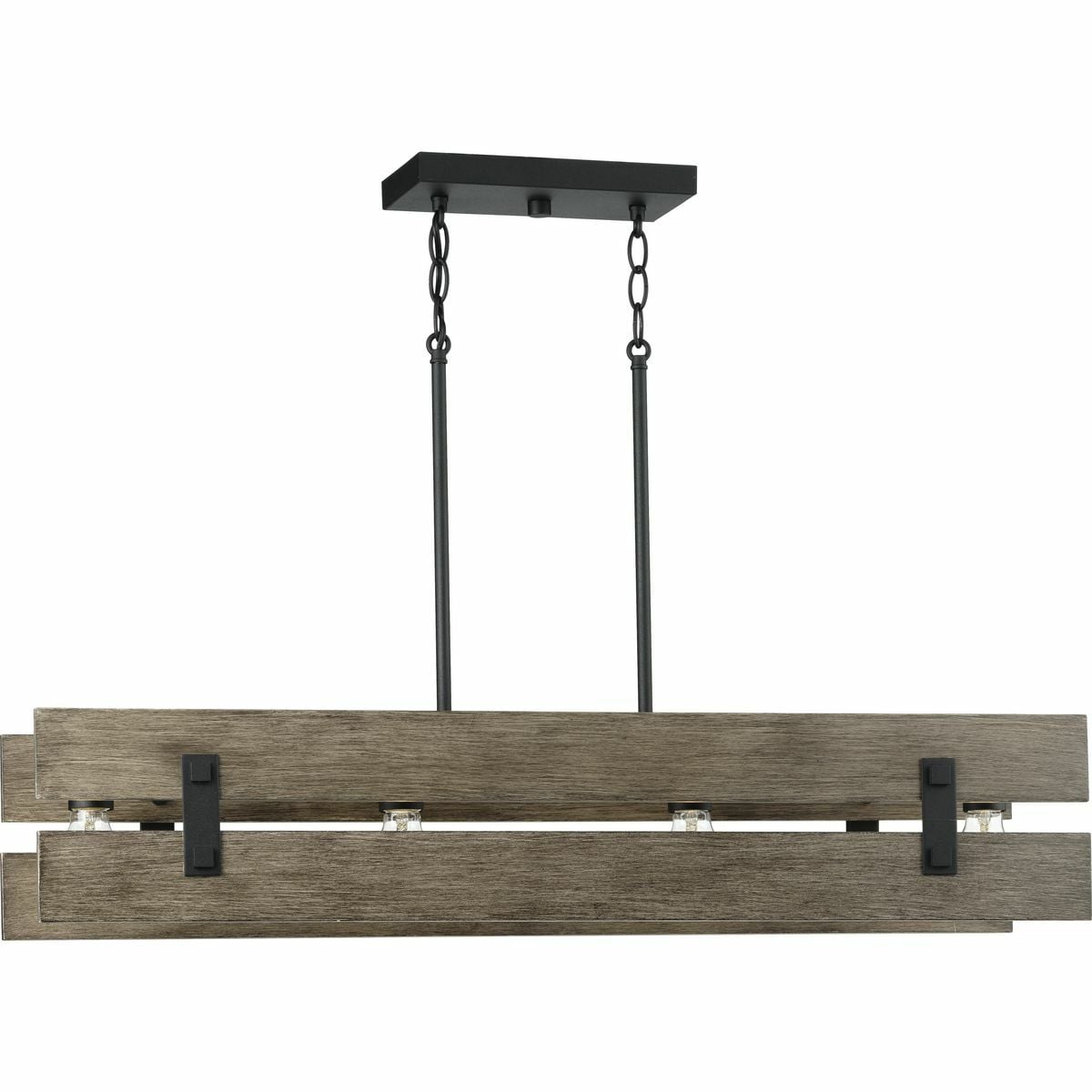 Create an extension of your personality and lifestyle with the rustic charm of this island light. Country character is the cornerstone of this light fixture that features a crate-like frame composed of aged oak. Black barn-inspired metal details complete this must-have farmhouse design.