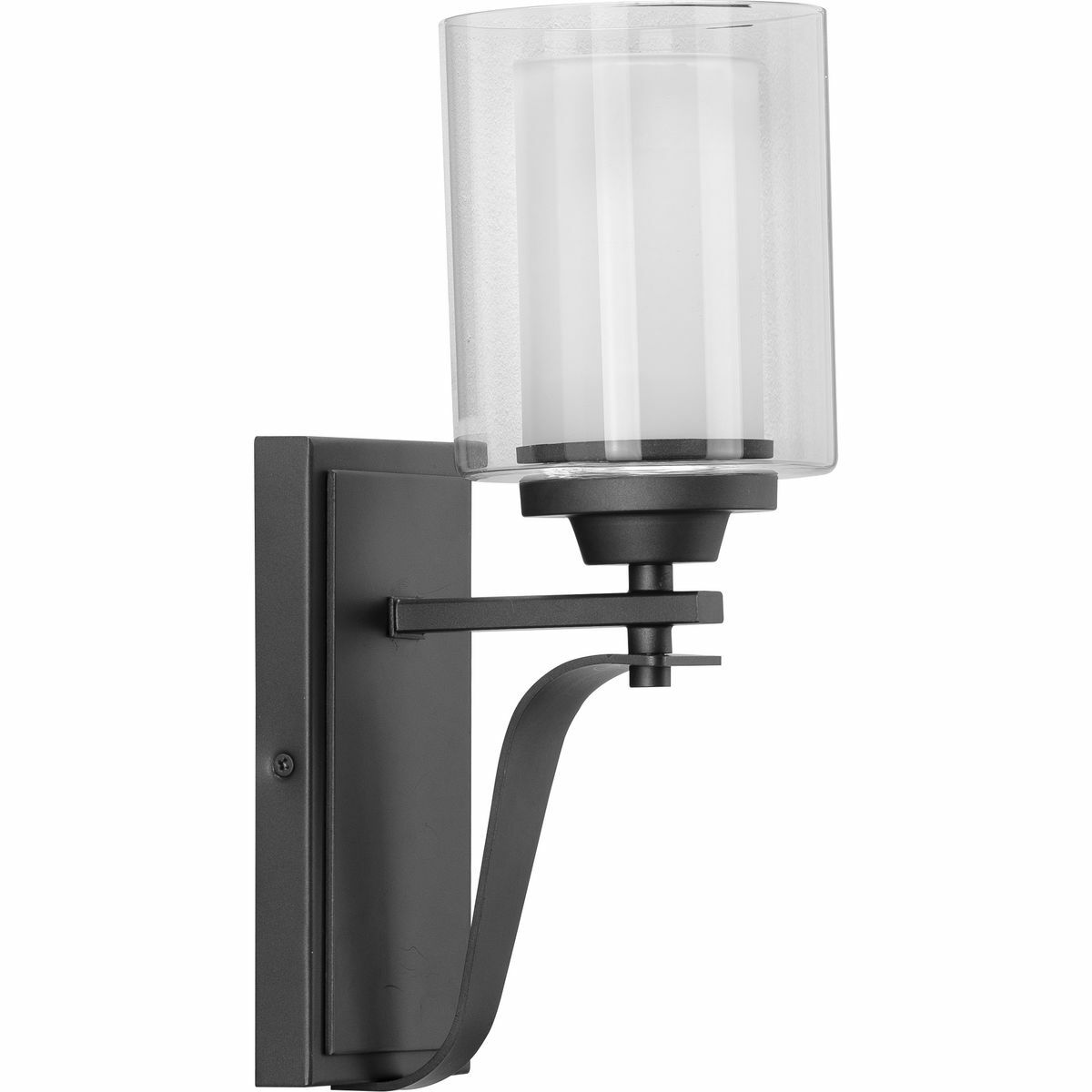 Add a modern romance to the heart of your home with this lovely wall bracket. A quiet etched glass diffuser is surrounded by a clear outer shade for a soft, luxurious touch. The shades sit on an elegant graphite frame with a rectangular backplate.