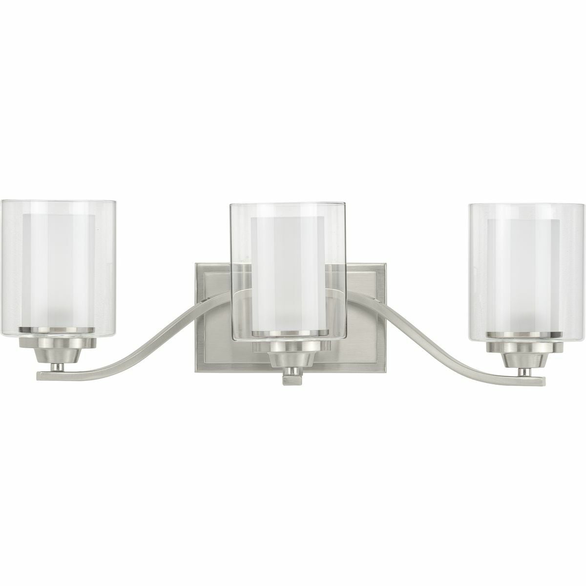Add a modern romance to the heart of your home with this lovely wall bracket. Quiet etched glass diffusers are surrounded by clear outer shades for a soft, luxurious touch. The shades sit on an elegant brushed nickel frame with a rectangular backplate.