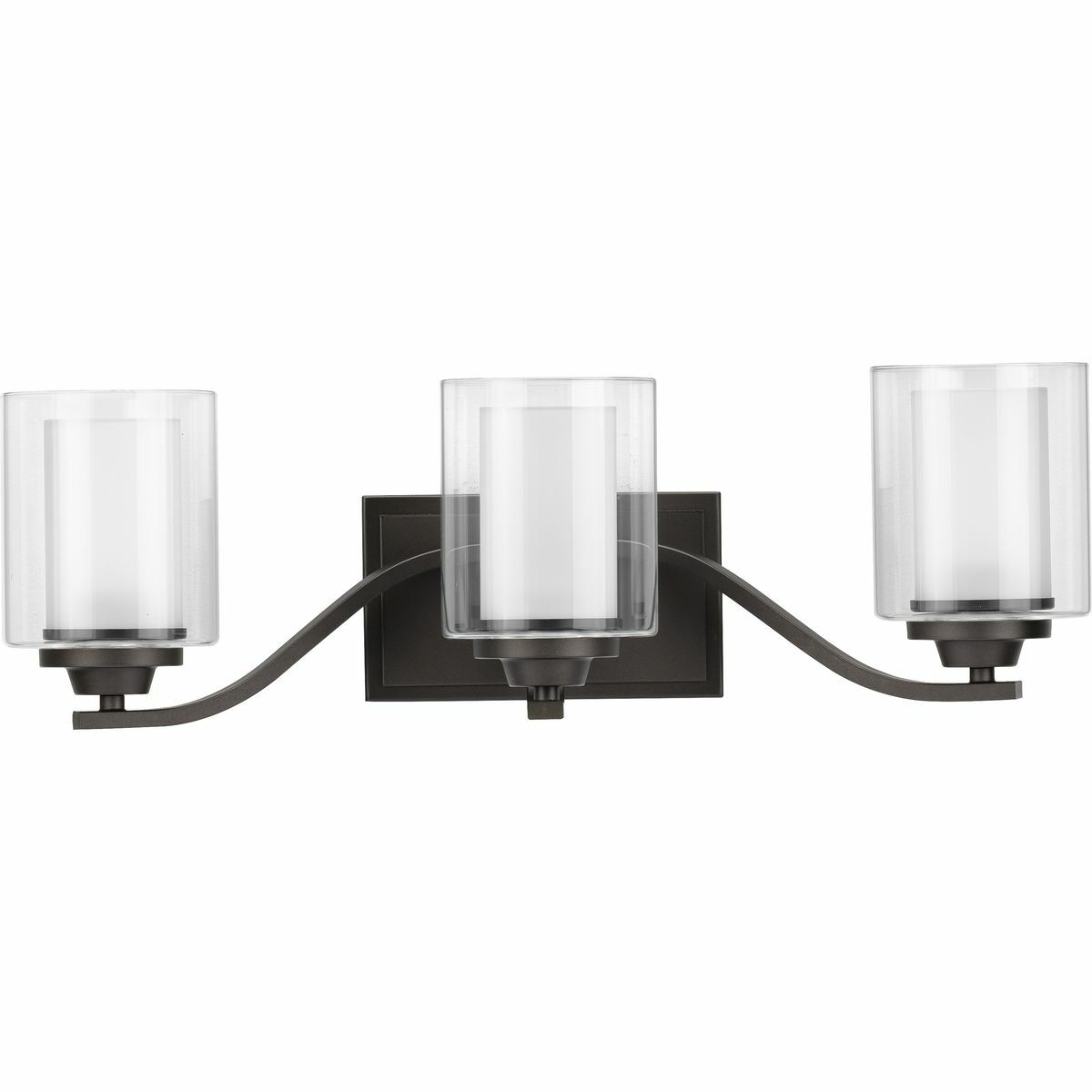 Add a modern romance to the heart of your home with this lovely wall bracket. Quiet etched glass diffusers are surrounded by clear outer shades for a soft, luxurious touch. The shades sit on an elegant graphite frame with a rectangular backplate.