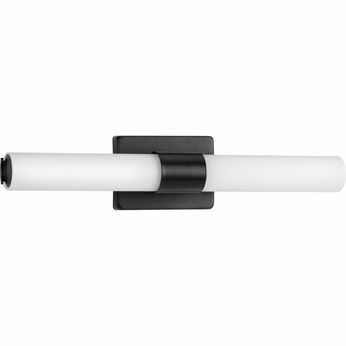 Enjoy this bath fixture's classic forms with crisp, contemporary updates. A classic black finish coats a simple backplate that anchors the light fixture in place. An elegant etched white glass shade shaped in a thin cylinder stretches horizontally across the design for a clean, modern demeanor.