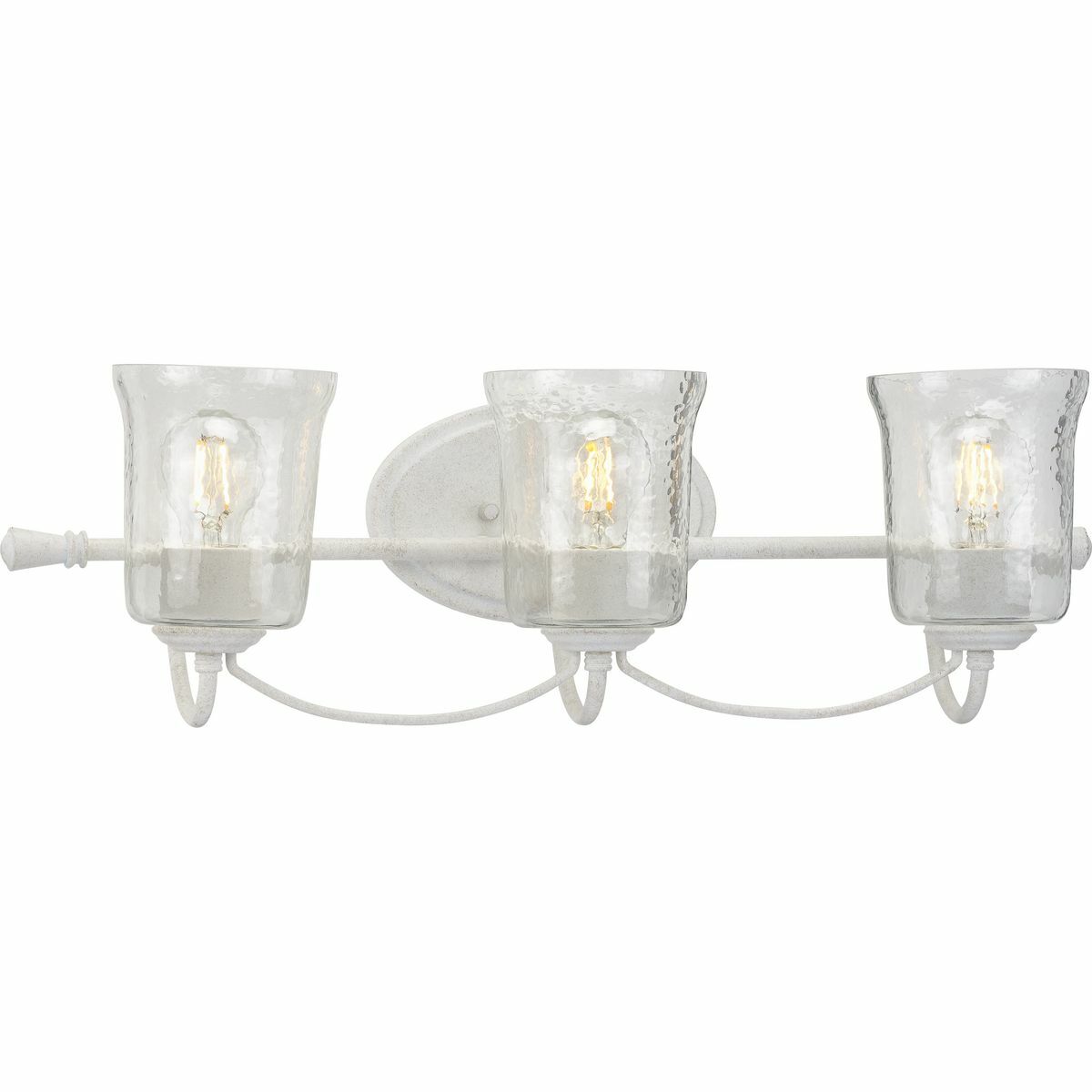 Beautiful lighting will appeal to both your classic taste and your artistic spirit with this bath light. Wandering eyes will focus on clear chiseled glass shades as they offer an air of refinery. Handsome cottage white light bases are supported by dainty curved arms to complete the elegant design.