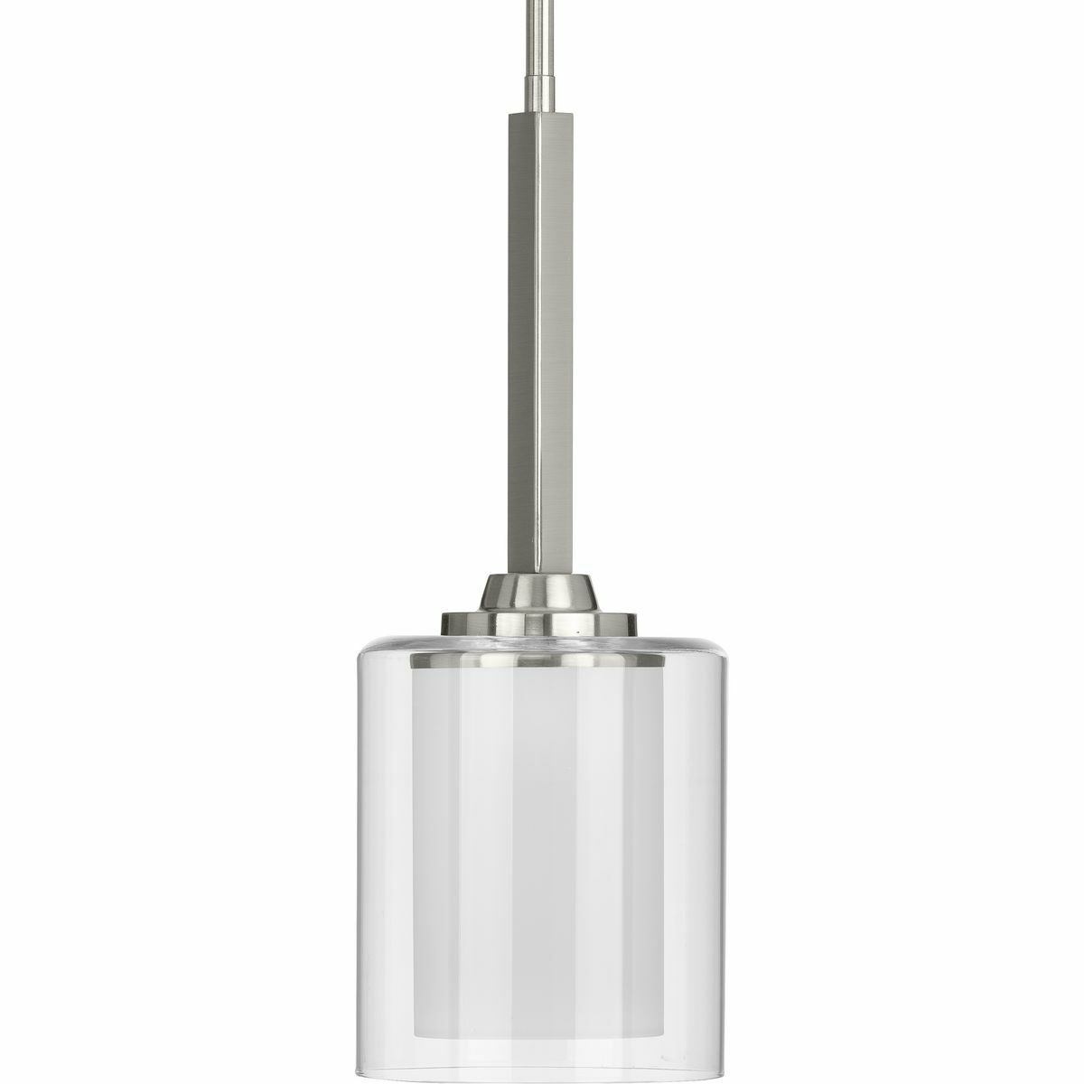 Add a modern romance to the heart of your home with this lovely mini-pendant. Quiet etched glass diffuser are surrounded by clear outer glass shade for a soft, luxurious touch. The shades are on an elegant brushed nickel frame suspended from a square arm.