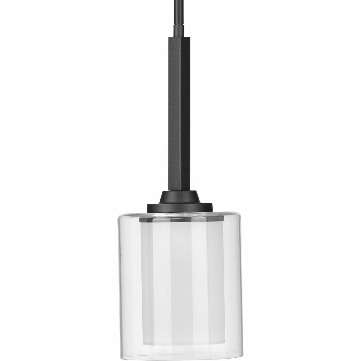 Add a modern romance to the heart of your home with this lovely mini-pendant. Quiet etched glass diffuser are surrounded by clear outer glass shade for a soft, luxurious touch. The shades are on an elegant graphite frame suspended from a square arm.
