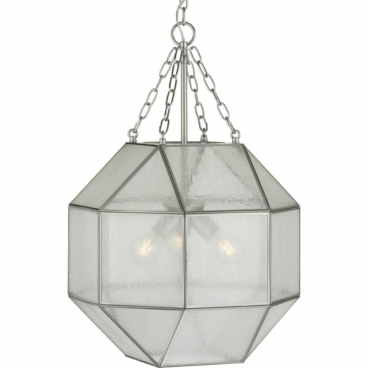 Enjoy the generous antique glow of this charming pendant. A geometric frame coated in an understated brushed nickel finish creates an awe-inspiring design. Clear seeded glass panes foster a soft vintage aesthetic and recall memories of raindrops clinging to windows during a summer evening thunderstorm.