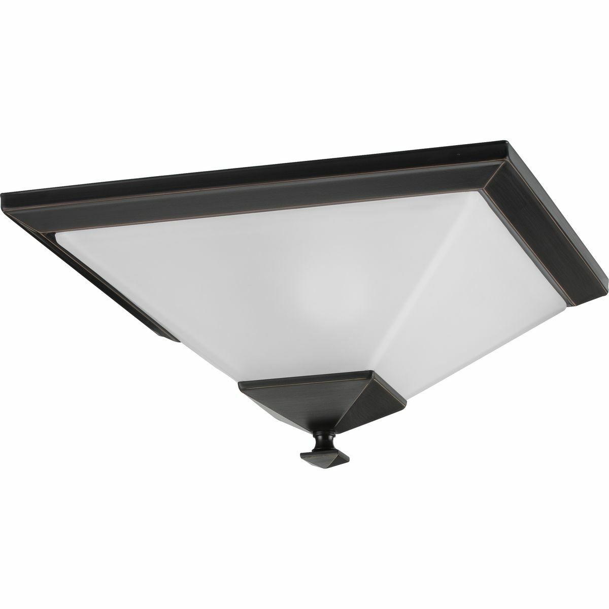 Distinctive, chiseled features and crisp, clean lines are key features in this flush mount. Inspired by a modern interpretation of Craftsman styling, a beautiful etched glass shade takes center stage in this design. The contrast of the antique bronze frame with the bright white shade delivers a dramatic, yet refined effect.