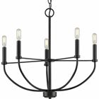 Transform your home with the gorgeous glow from the Leyden Collection 5-Light Matte Black Farmhouse Chandelier. Light sources glow from atop light bases reminiscent of antique candlesticks arranged in a circular design for an elegant charming glow sure to provide any living space with generous illumination. The curved arms reaching up to hold the light bases from the round base at the bottom of the decorative column are all coated in a beautiful matte black finish for a touch of modern character. Twisted metal spokes extend out from the center of the fixture to support the arms for extra visual interest.