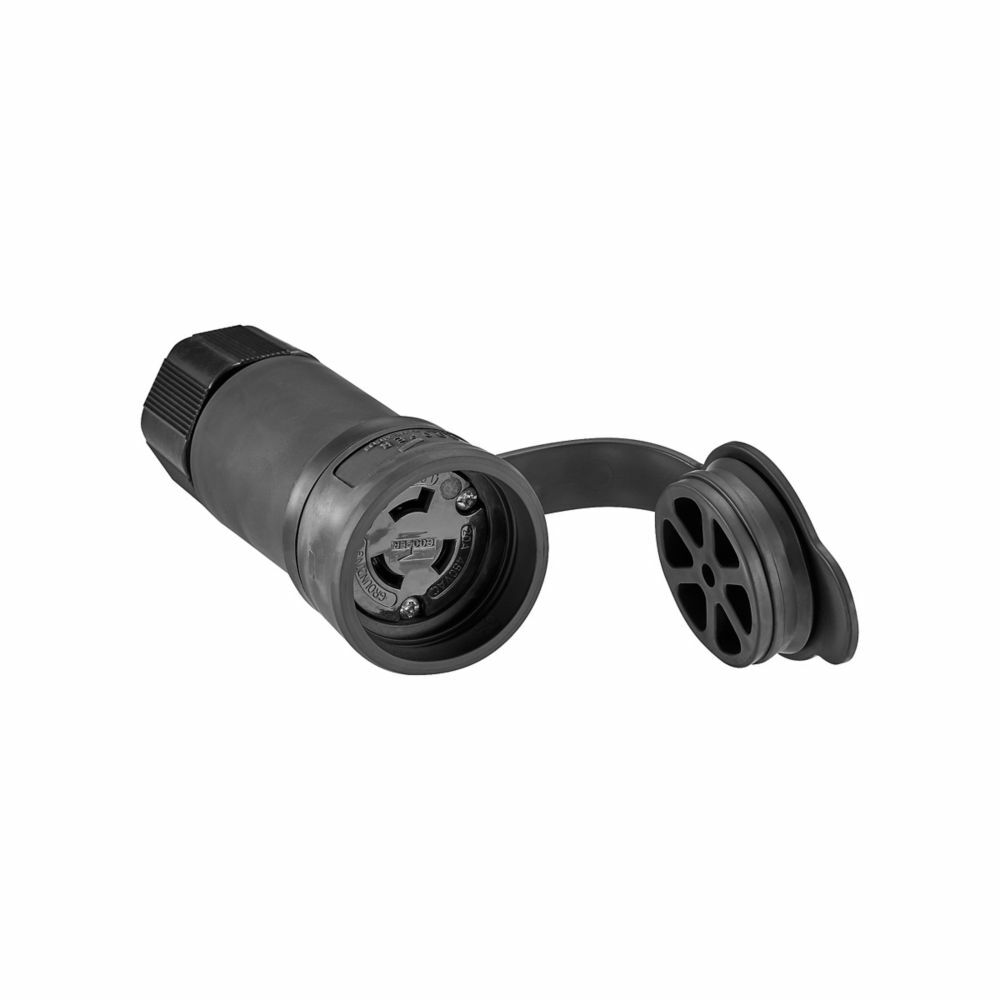Eaton Arrow Hart watertight locking connector, #18-10 AWG, 20A, Industrial, 480V, Back wiring, Black, Steel, Watertight, L8-20, Two-pole, Three-wire, Santoprene thermoplastic elastomeric, 0.36 to 0.84 in, IP67