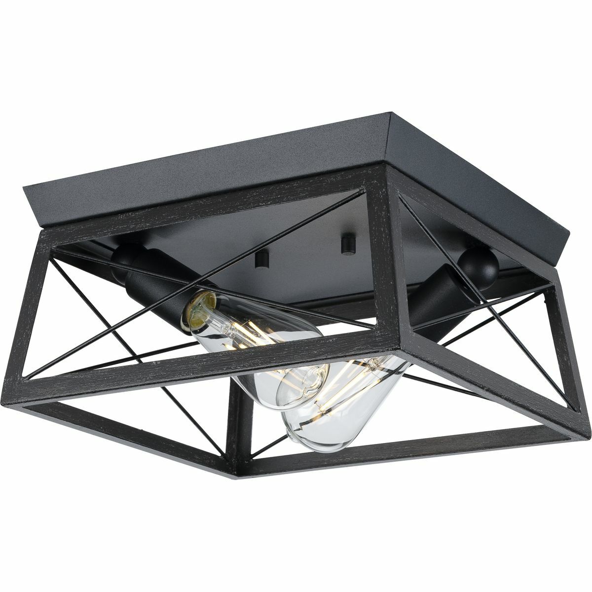 Create a cozy home with the Briarwood Collection 2-Light Ceruse Black Farmhouse Flush Mount Ceiling Light. Light sources exude a comforting country glow as they peek through the classic X-brace design reminiscent of country barn doors and rustic farmhouse gates. A faux-wood frame coated in a rustic ceruse black finish accented by a black plate on top of the structure infuses the ceiling light with charming country character.