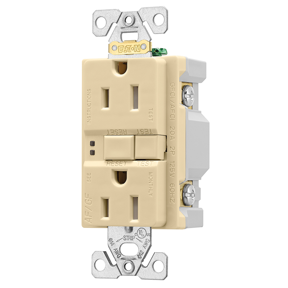Eaton AFGF receptacle,Tamper resistant,Self-test,#14 - 10 AWG,15A,Residential,Commercial,Flush,125 V,AFGF,Back and side wire,Almond,Brass,Receptacle,Tamper resistant,Polycarbonate,5-15R,Two-pole, three-wire, grounding