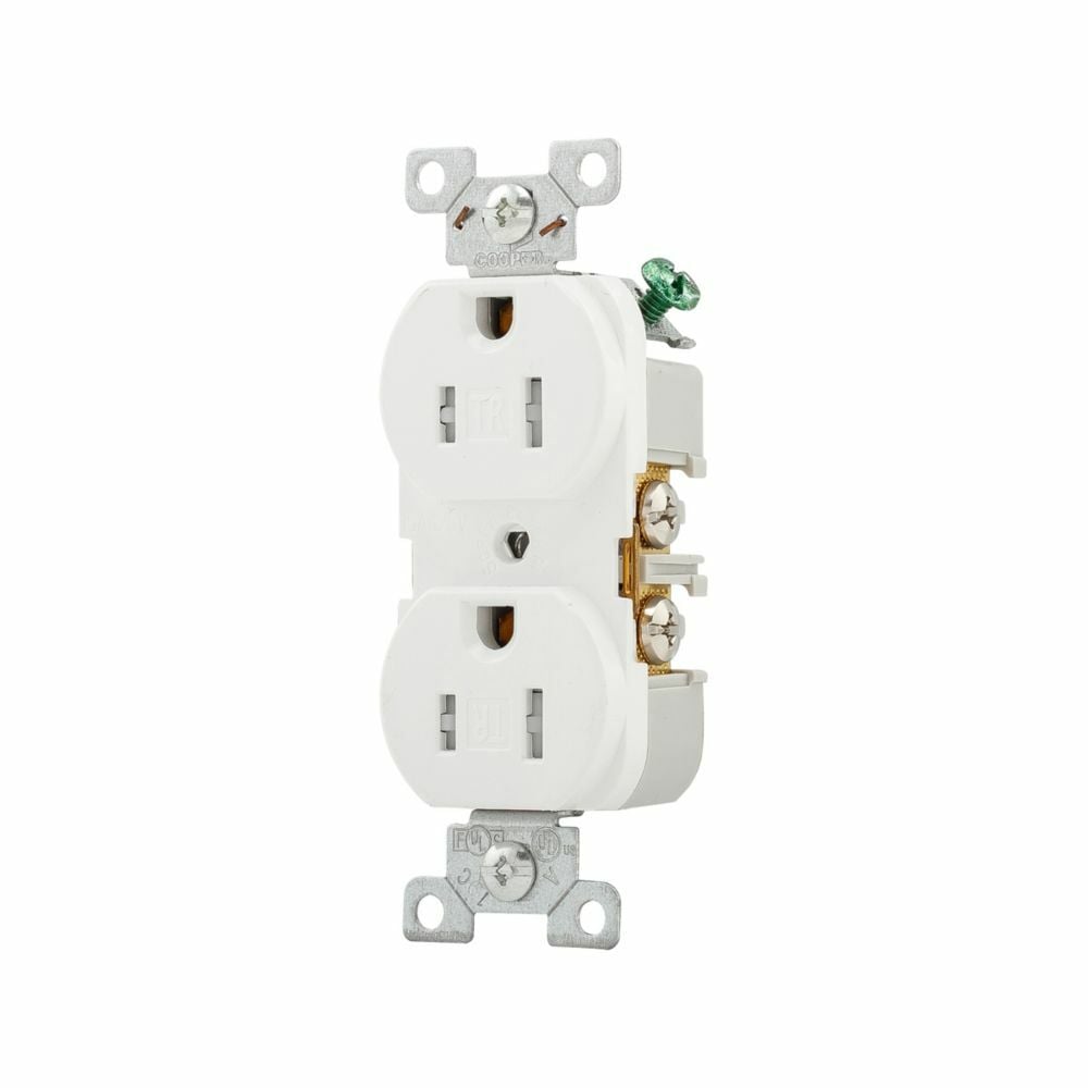 Eaton commercial specification grade duplex receptacle, #14-10 AWG, 15A, Commercial, Flush, 125V, Back and side, White, Brass, Impact-resistant nylon face, PVC body, 5-15R, Duplex, Screw, PVC