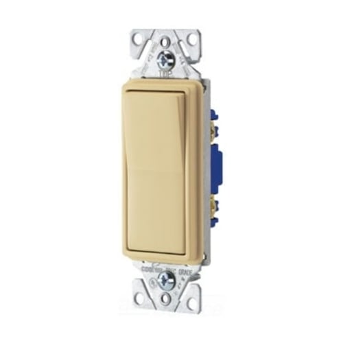 Eaton standard grade decorator switch, #14-12 AWG, 15A, Flush, 120/277V, Back/push, Decorator, Maintained, Ivory, Motor Control, Fan, LED, Incand, ELV,MLV,CFL, Florscnt, Halogen, Single-pole, Thermoplastic 627569