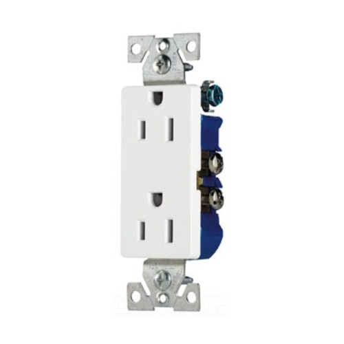 Eaton residential grade duplex receptacle, #14-10 AWG, 15A, Decorator, Commercial,Residential, Flush, 125V, Side and push, White, Brass, Impact-resistant thermoplastic, 5-15R, Duplex, Screw, Thermoplastic, Core pack