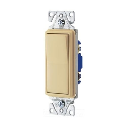 Eaton standard grade decorator switch, Box, #14-12 AWG, 15A, Flush, 120/277V, Back/push, Decorator, Maintained, Ivory, Motor Control, Fan, LED, Incand, ELV,MLV,CFL, Florscnt, Halogen, Three-way, Thermoplastic 752421