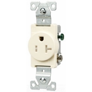 Eaton commercial specification grade single receptacle, #14-10 AWG, 20A, Commercial, Flush, 125V, Side wire, Light almond, Brass, Impact-resistant thermoplastic face, PVC body, 5-20R, Single, Screw, PVC, ED Box